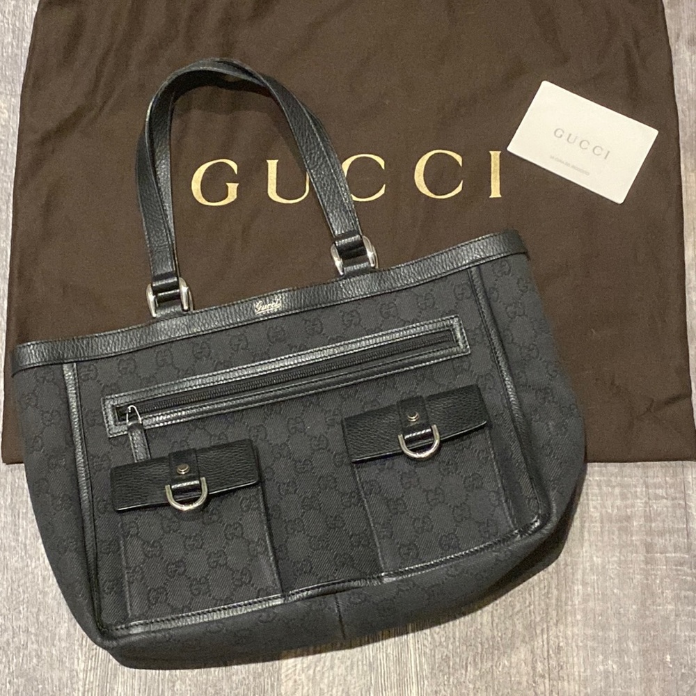 Gucci GG Denim Abbey Pocket Tote - Black